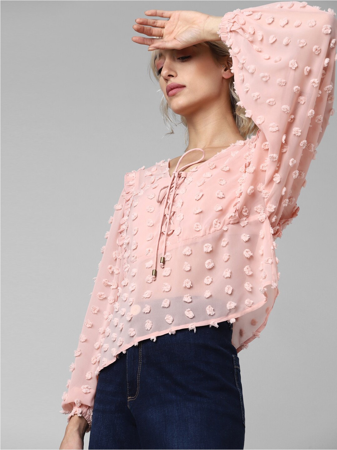 

ONLY Self Design Ruffles Puff Sleeves Tie-Up Neck Top, Pink