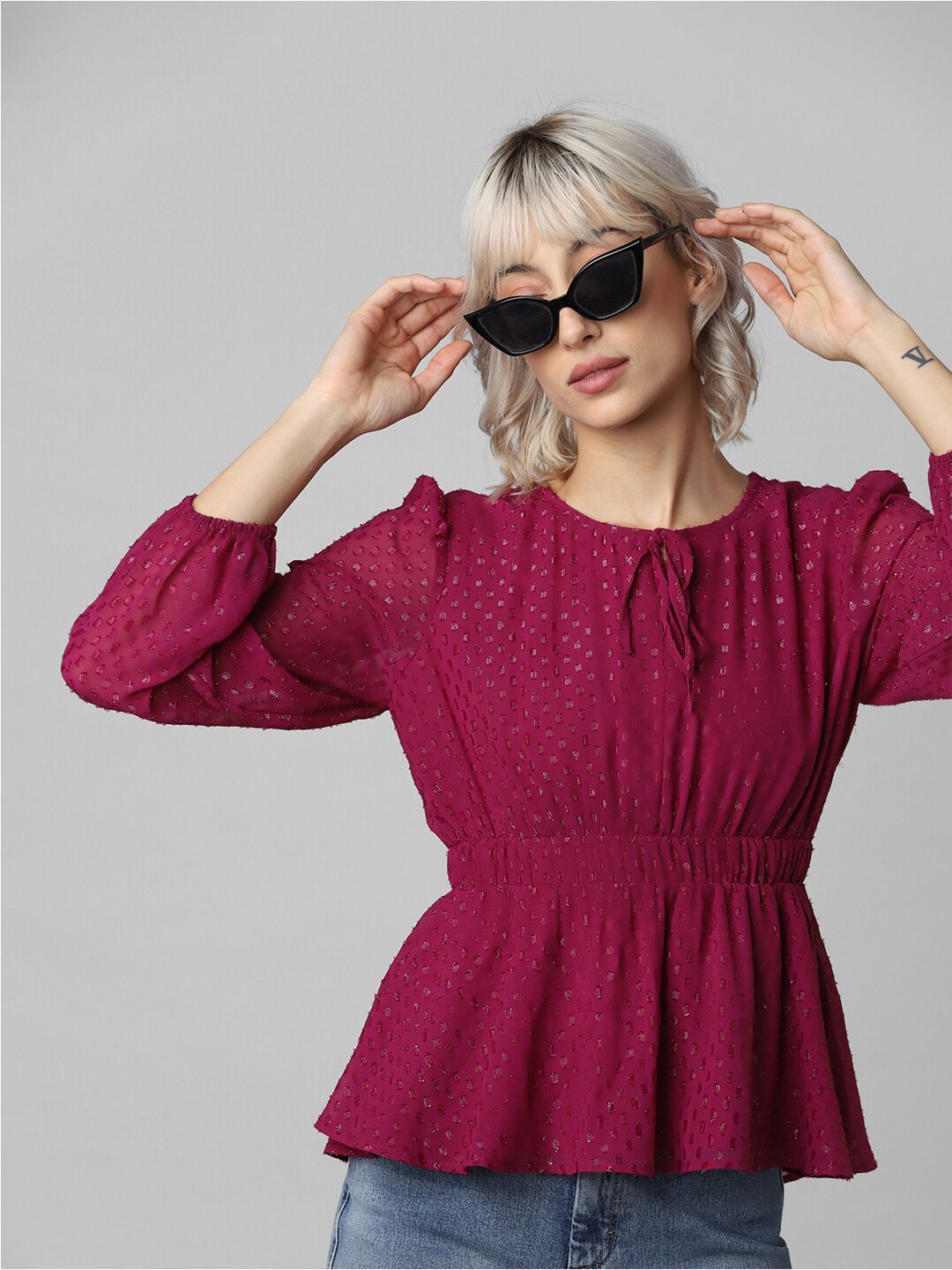 

ONLY Tie-Up Neck Puff Sleeves Cinched Waist Peplum Top, Maroon