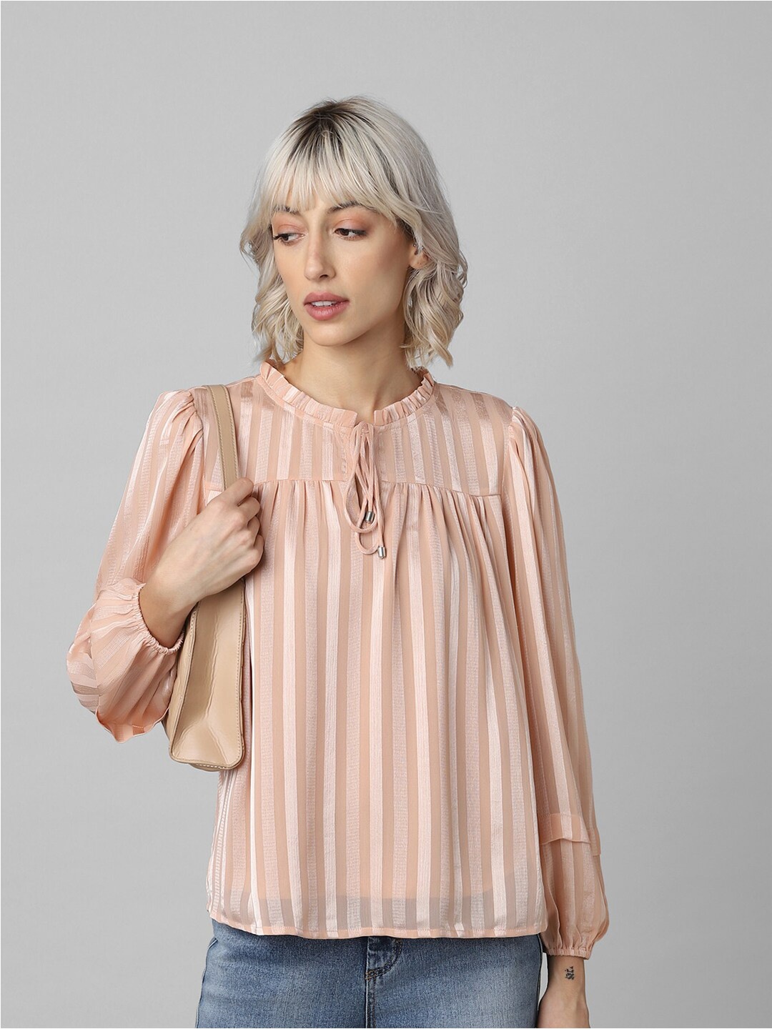 

ONLY Tie Up Neck Striped Cuffed Sleeves Top, Peach