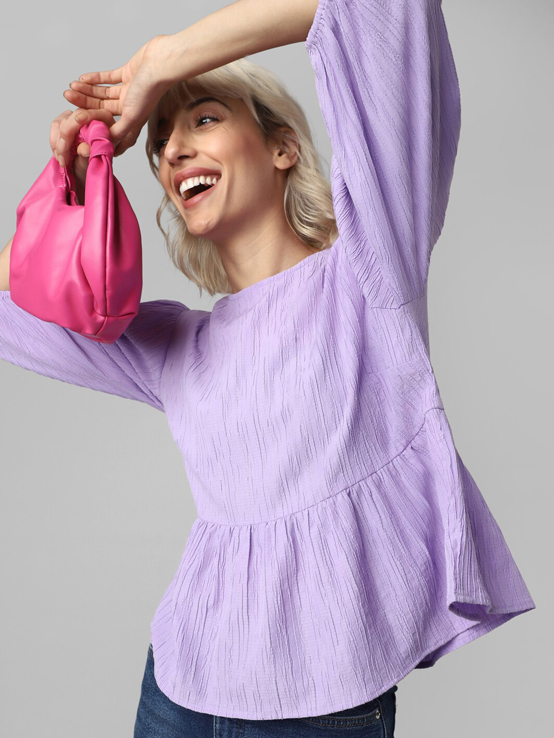 

ONLY Self Design Puff Sleeves Peplum Top, Purple
