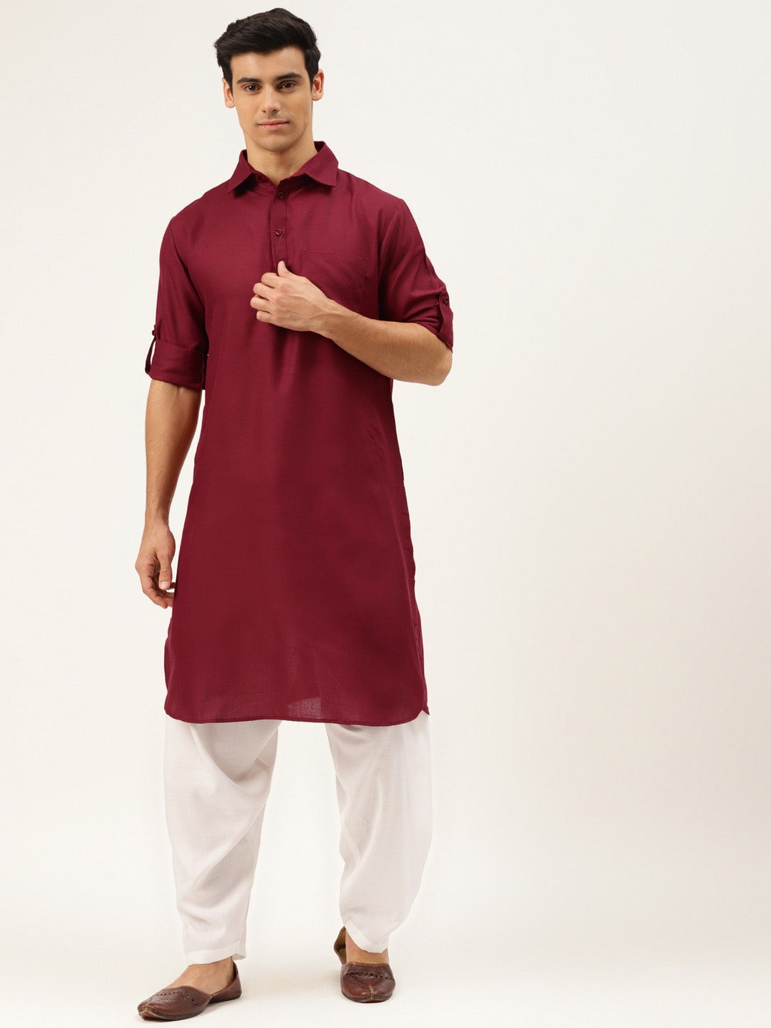 

Molly & Michel Men Shirt Collar Cotton Pathani Kurta, Maroon