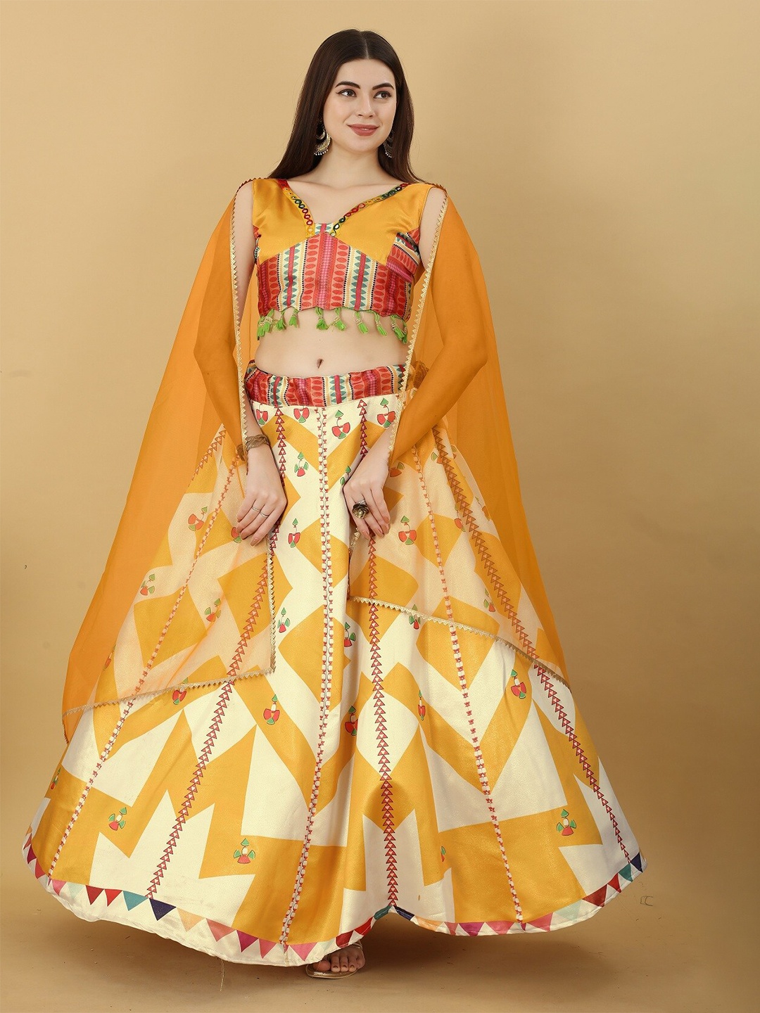 

YOYO Fashion Printed Semi-Stitched Lehenga & Unstitched Blouse With Dupatta, Yellow