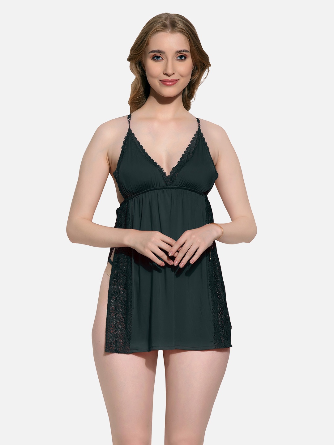

FIMS V-Neck Satin Floral Lace Baby Doll, Black