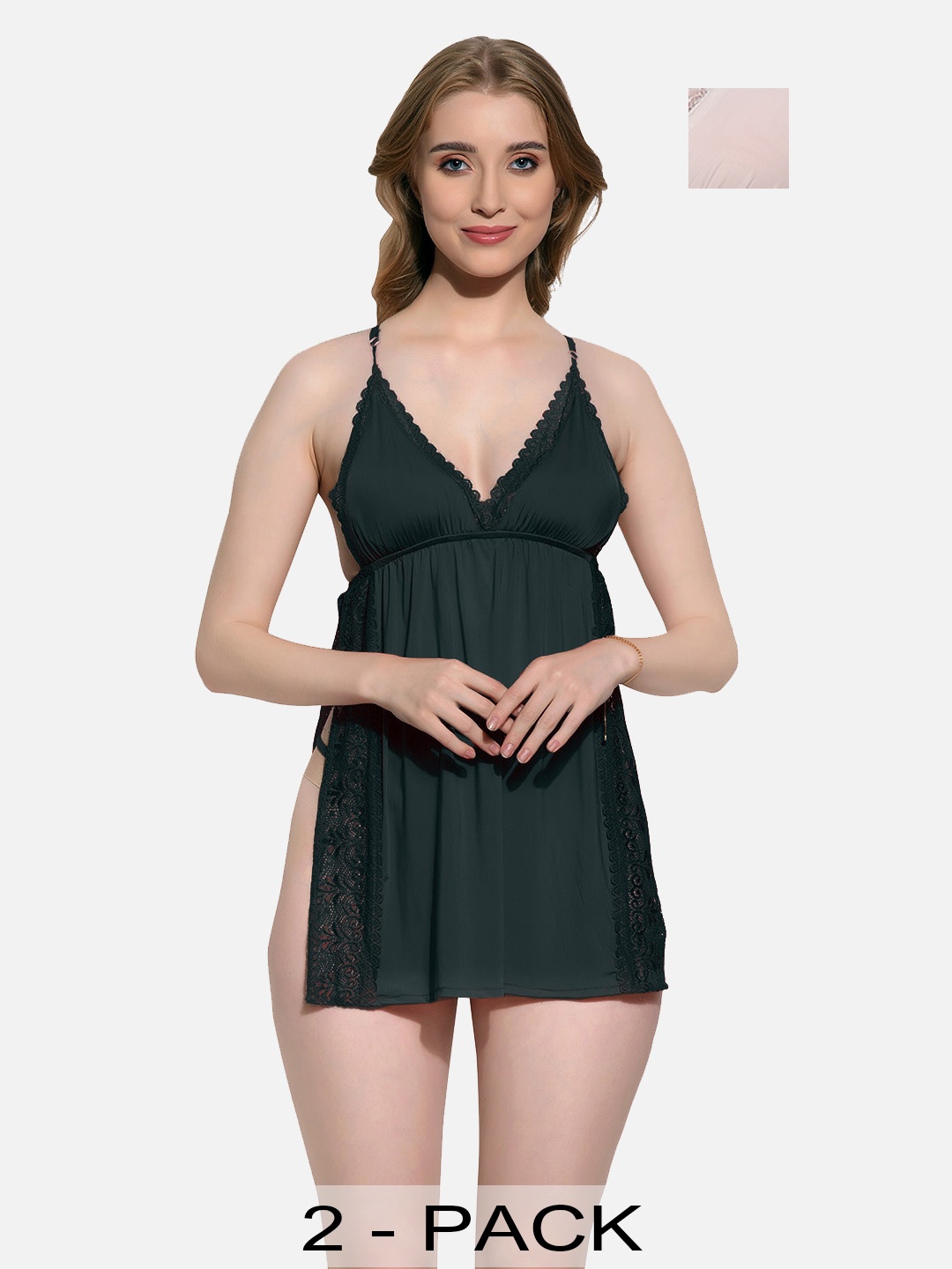 

FIMS Pack of 2 Floral Lace Satin Baby Doll, Black
