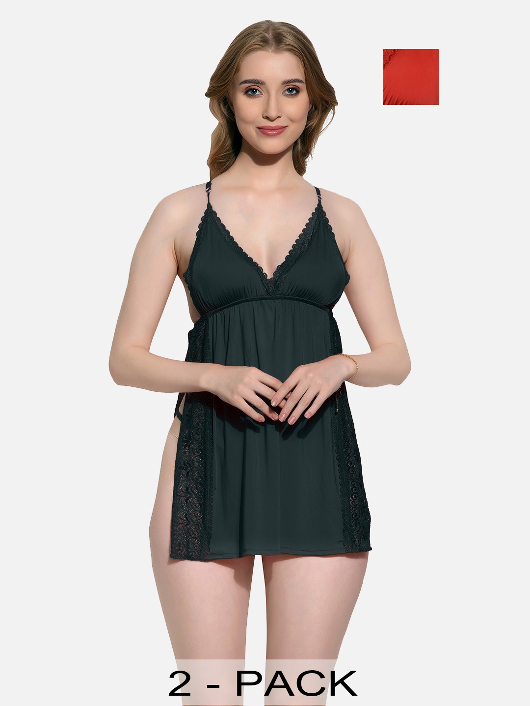 

FIMS Pack of 2 Floral Lace Satin Baby Doll, Black