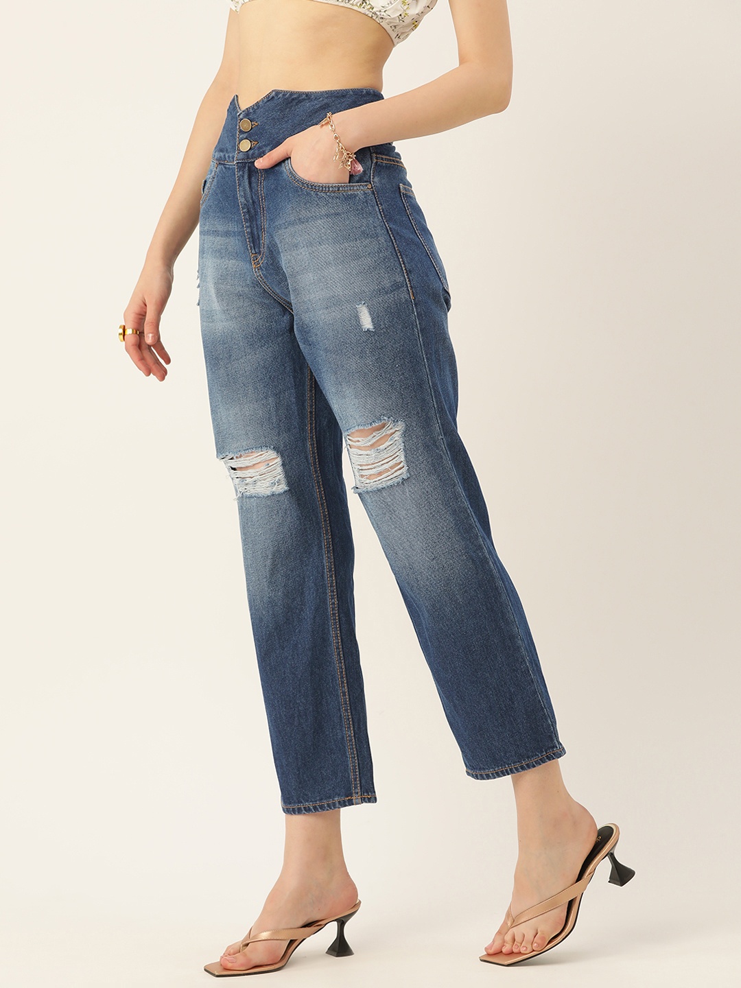 

DressBerry Relaxed Fit High-Rise Slash Knee Light Fade Cotton Jeans, Blue