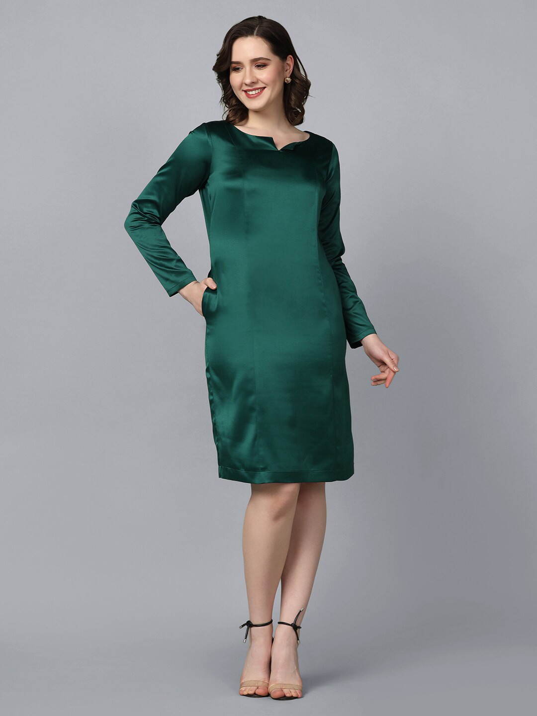 

PowerSutra V-Neck Long Sleeveless Satin Sheath Dress, Green