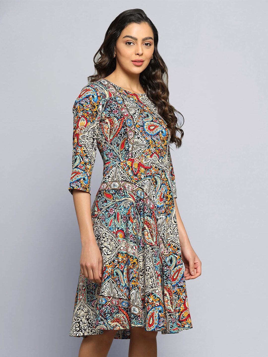 

PowerSutra Ethnic Motifs Printed A-Line Dress, Blue