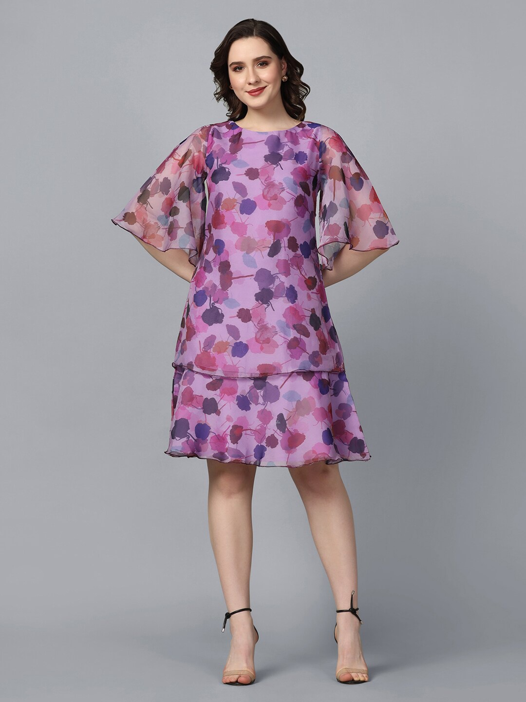 

PowerSutra Floral Printed Flared Sleeves A-Line Dress, Lavender