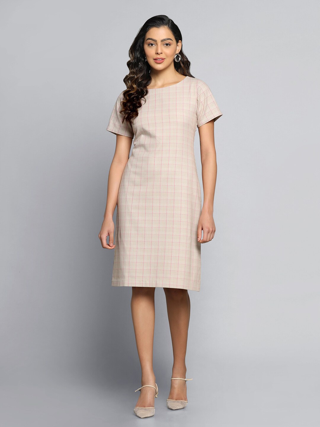 

PowerSutra Checked Round Neck Cotton Sheath Dress, Beige