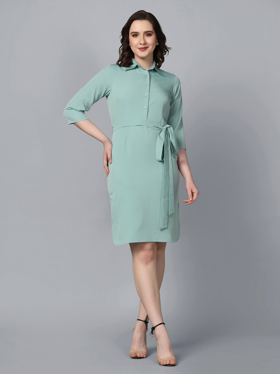 

PowerSutra Shirt Collar Belted Shirt Dress, Blue