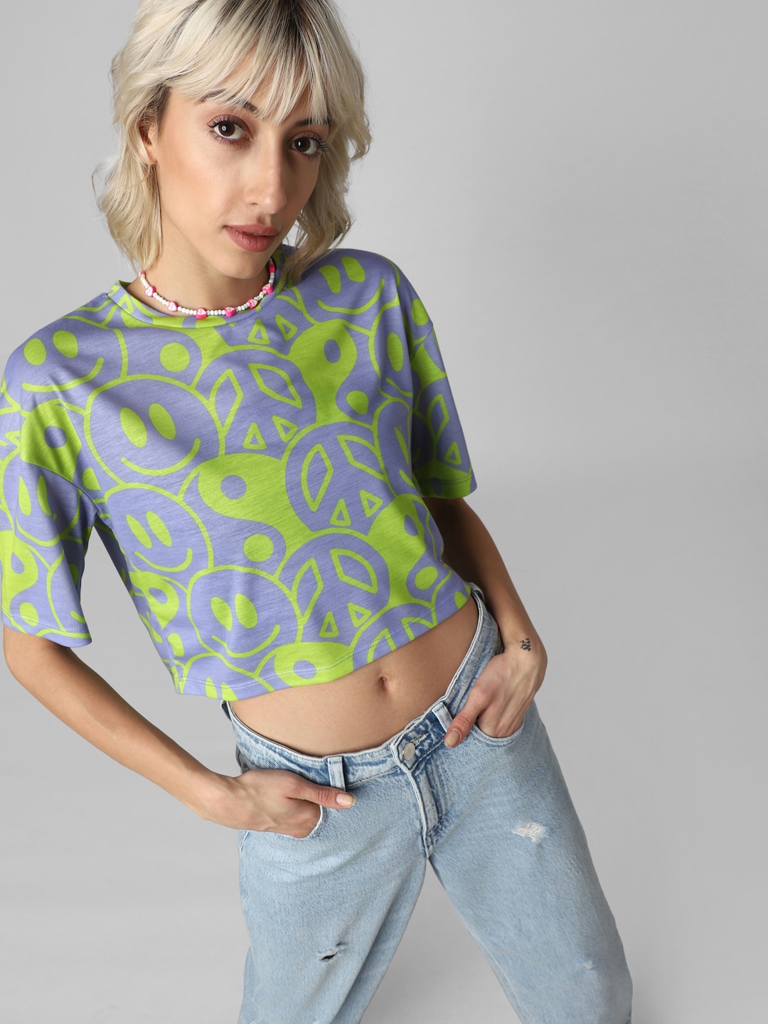 

ONLY Women Conversational Printed Drop Shoulder Sleeves Crop T-shirt, Blue