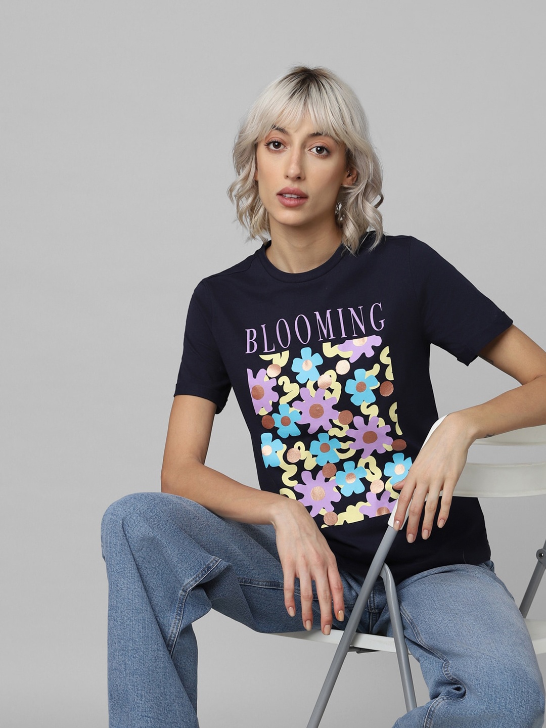 

ONLY Floral Printed Cotton T-shirt, Navy blue