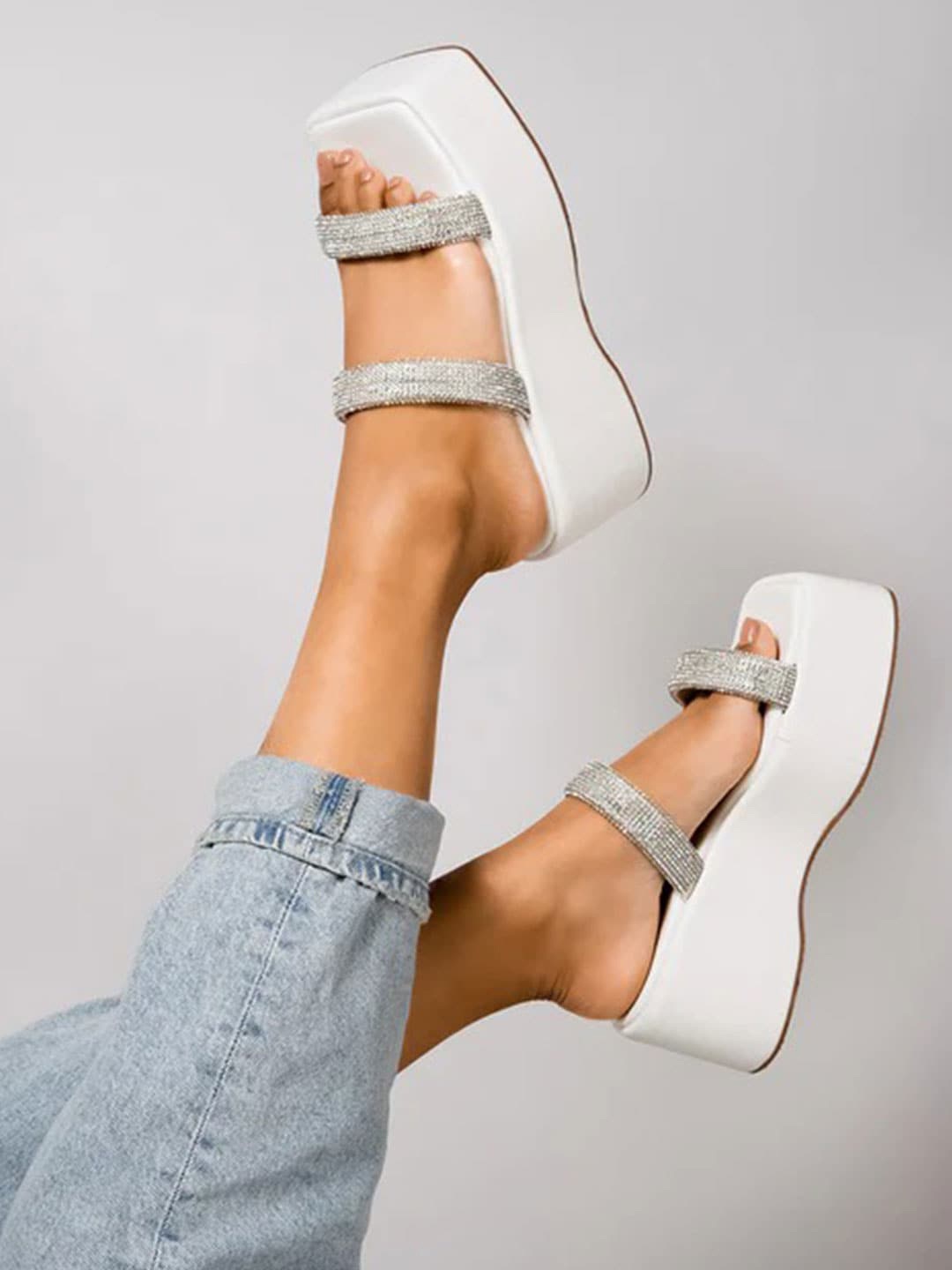 

Shoetopia Girls Embellished Square Toe Wedge Sandals With Open Back, White