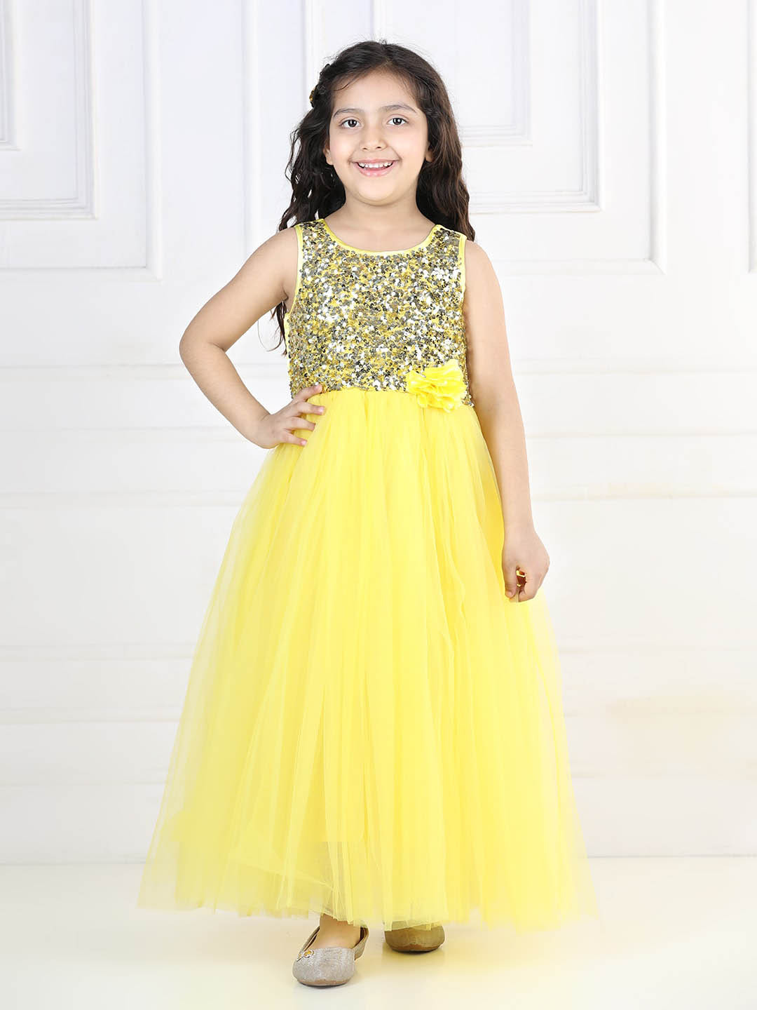 

Toy Balloon kids Embellished Girls Sleeveless Sequinned Fit & Flare Dress, Yellow
