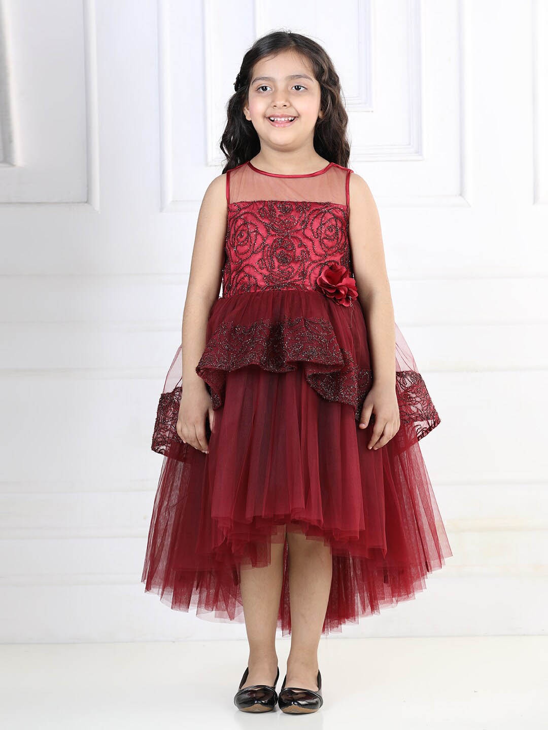 

Toy Balloon kids Embellished Girls Sleeveless Hi-Low Fit & Flare Dress, Maroon