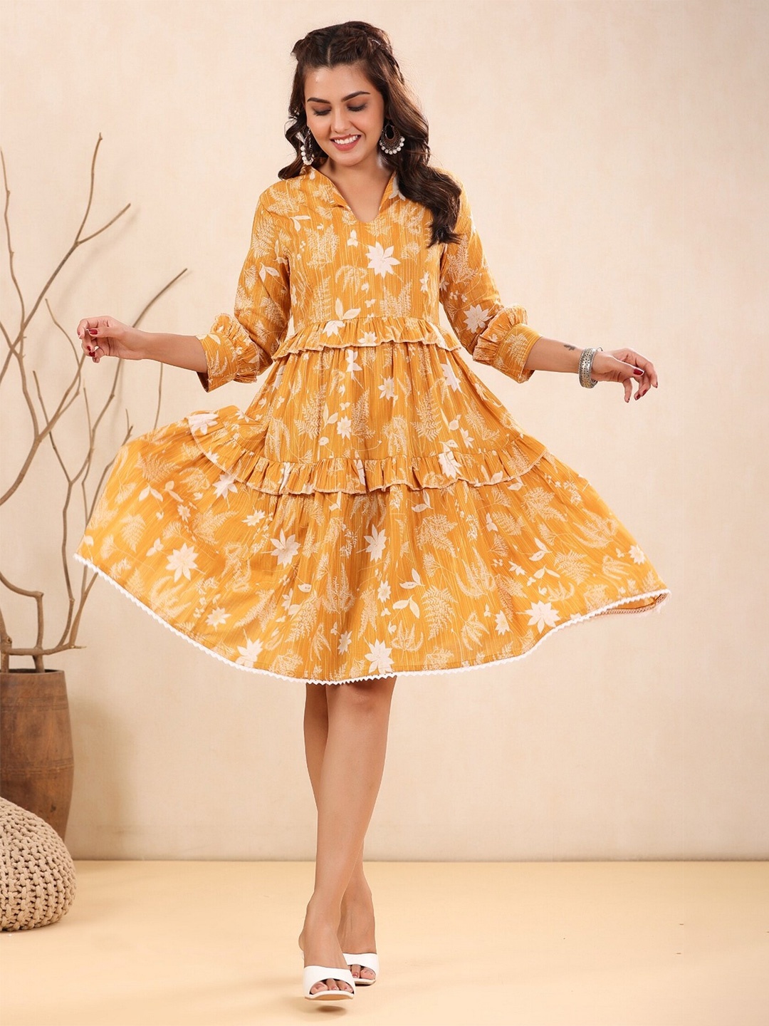 

EtnicaWear Floral Printed Mandarin Collar Cotton Fit & Flare Dress, Yellow