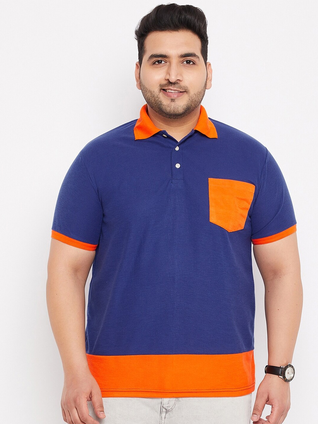 

bigbanana Men Plus Size Colourblocked Polo Collar Bio Finish T-shirt, Blue