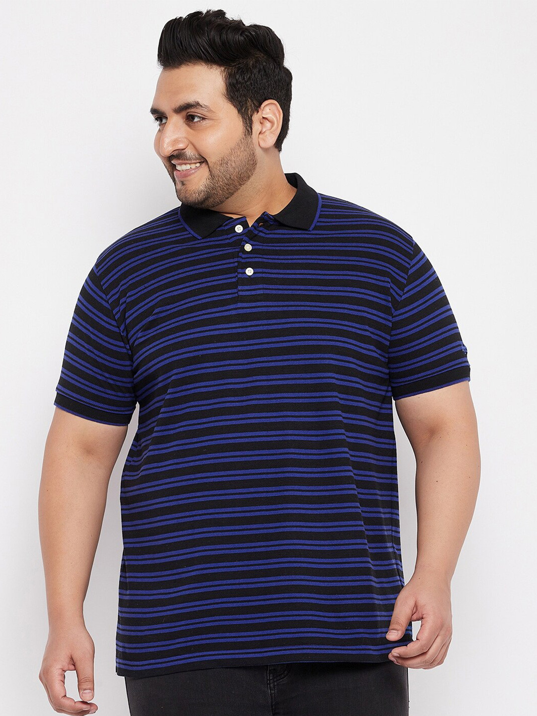 

bigbanana Men Plus Size Striped Polo Collar Bio Finish Pure Cotton T-shirt, Blue