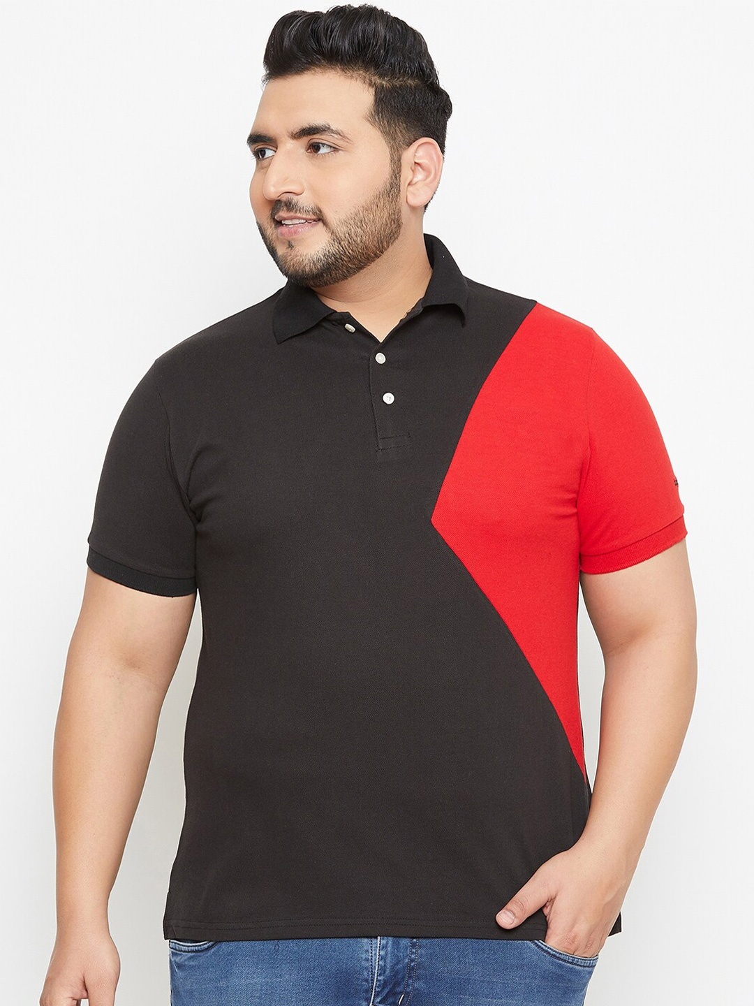 

bigbanana Men Plus Size Colourblocked Polo Collar Bio Finish Pure Cotton T-shirt, Black