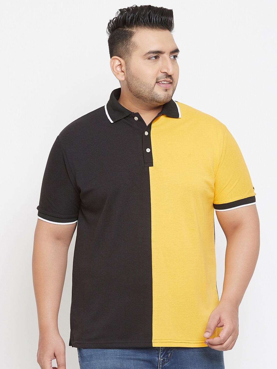 

bigbanana Men Plus Size Colourblocked Polo Collar Bio Finish Pure Cotton T-shirt, Black