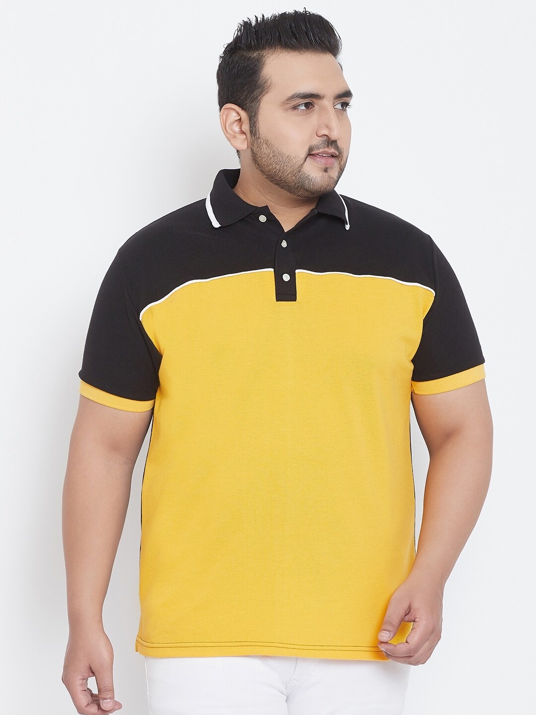 

bigbanana Plus Size Polo Collar Colourblocked Bio Finish Cotton T-shirt, Yellow
