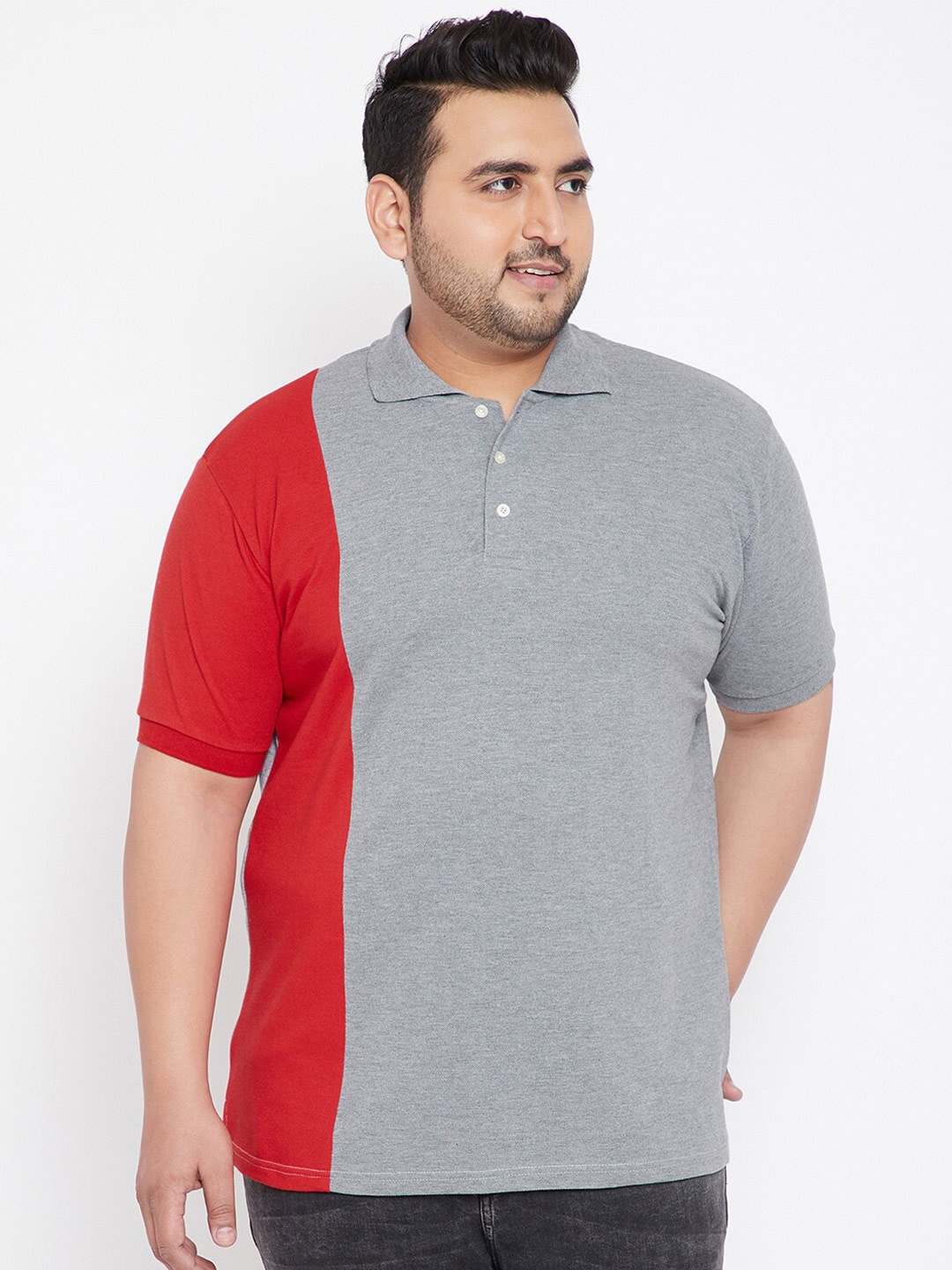 

bigbanana Plus Size Colourblocked Polo Collar Pure Cotton Bio Finish T-shirt, Grey