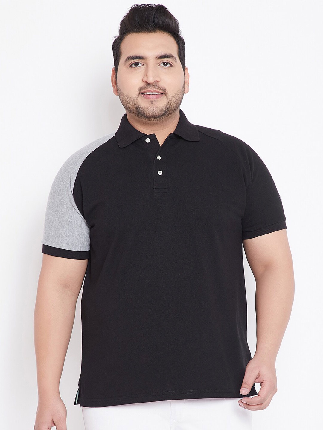 

bigbanana Plus Size Colourblocked Polo Collar Pure Cotton Bio Finish T-shirt, Black