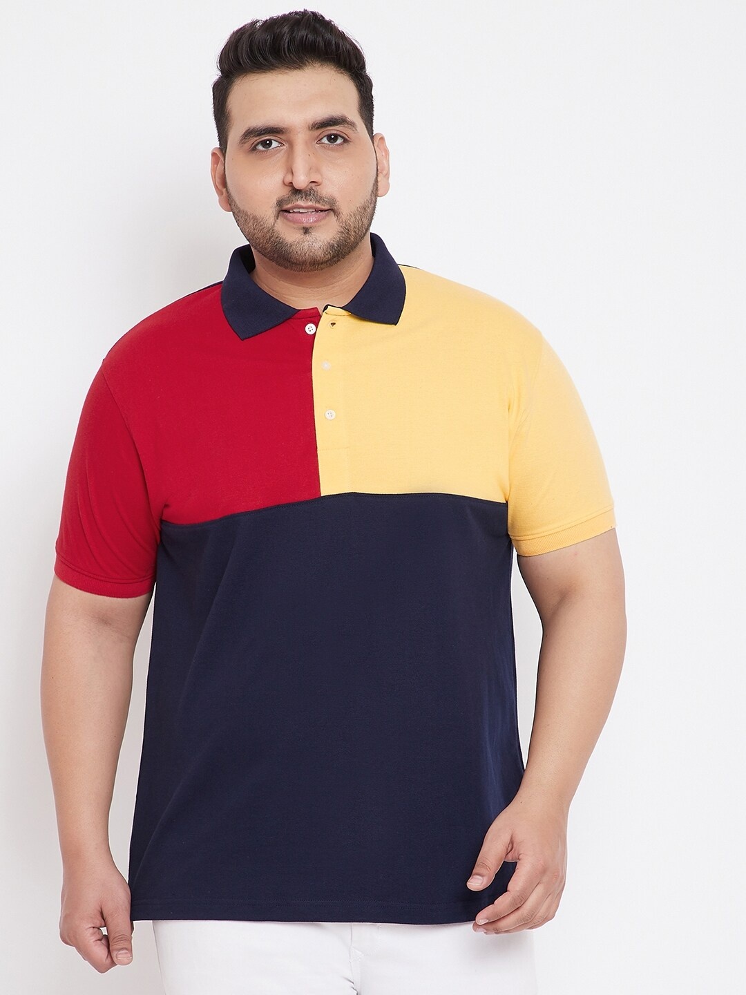 

bigbanana Plus Size Colourblocked Polo Collar Pure Cotton Bio Finish T-shirt, Navy blue