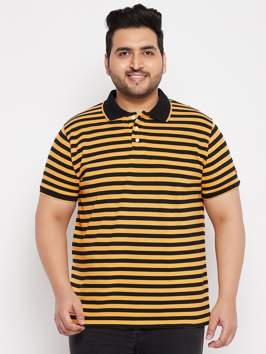 

bigbanana Plus Size Striped Polo Collar Bio Finish Pure Cotton T-shirt, Black