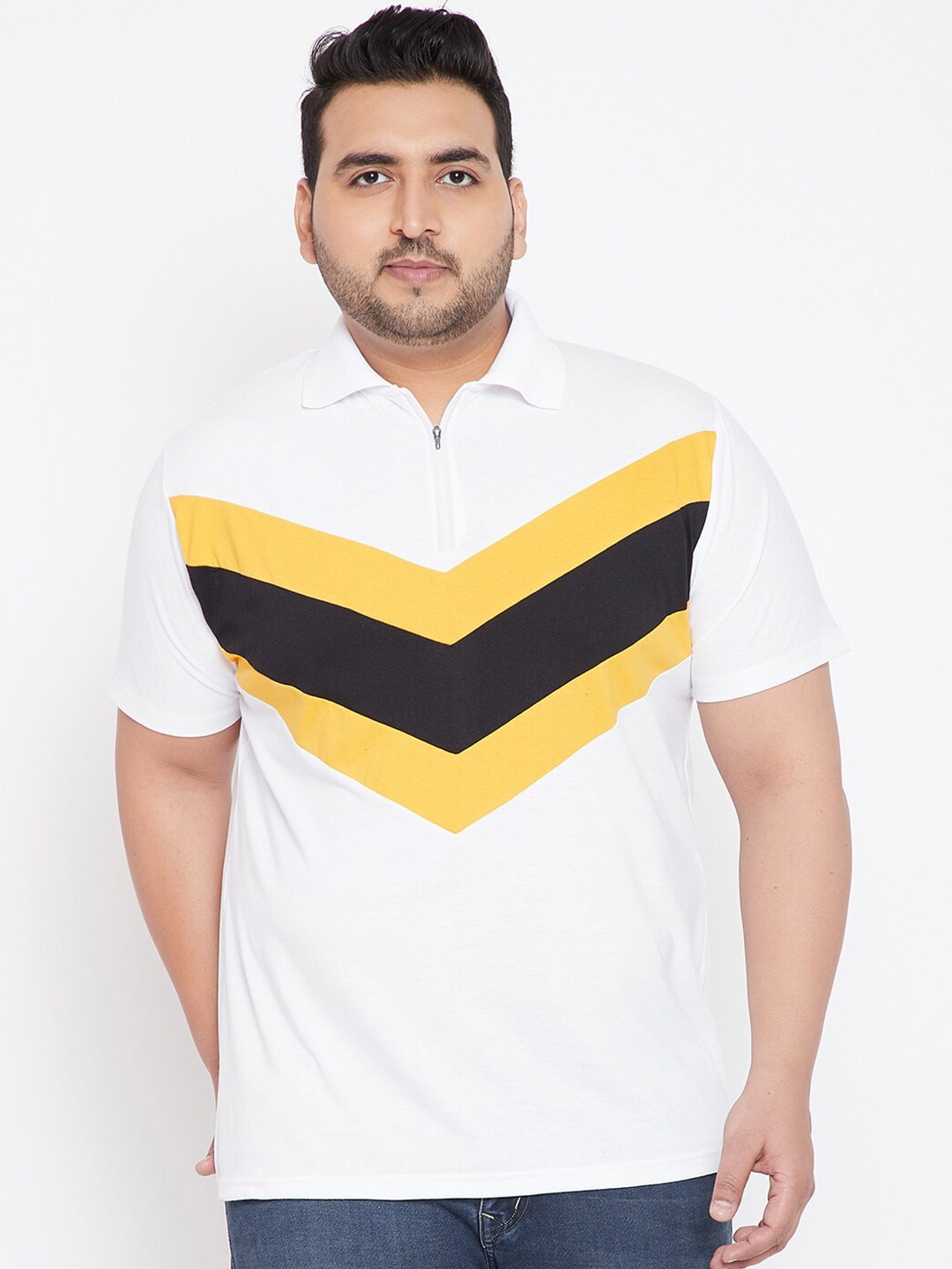 

bigbanana Plus Size Colourblocked Polo Collar Pure Cotton Bio Finish T-shirt, White