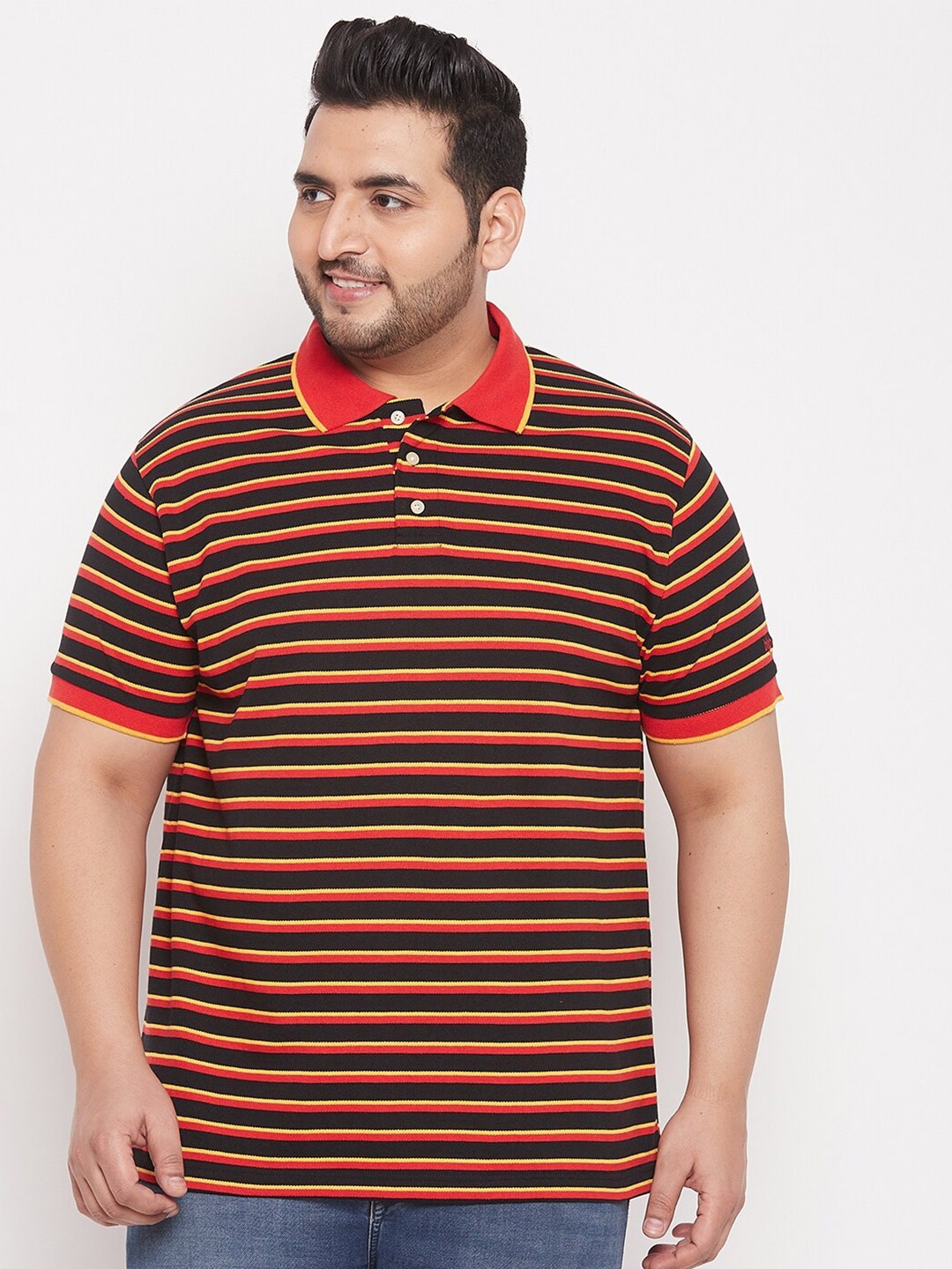 

bigbanana Plus Size Striped Polo Collar Bio Finish Pure Cotton T-shirt, Red