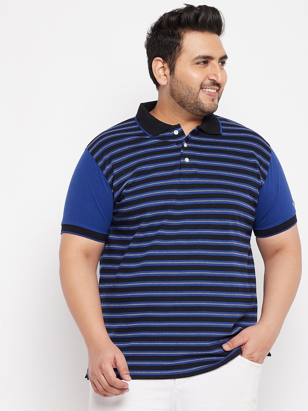 

bigbanana Plus Size Striped Polo Collar Bio Finish Pure Cotton T-shirt, Blue