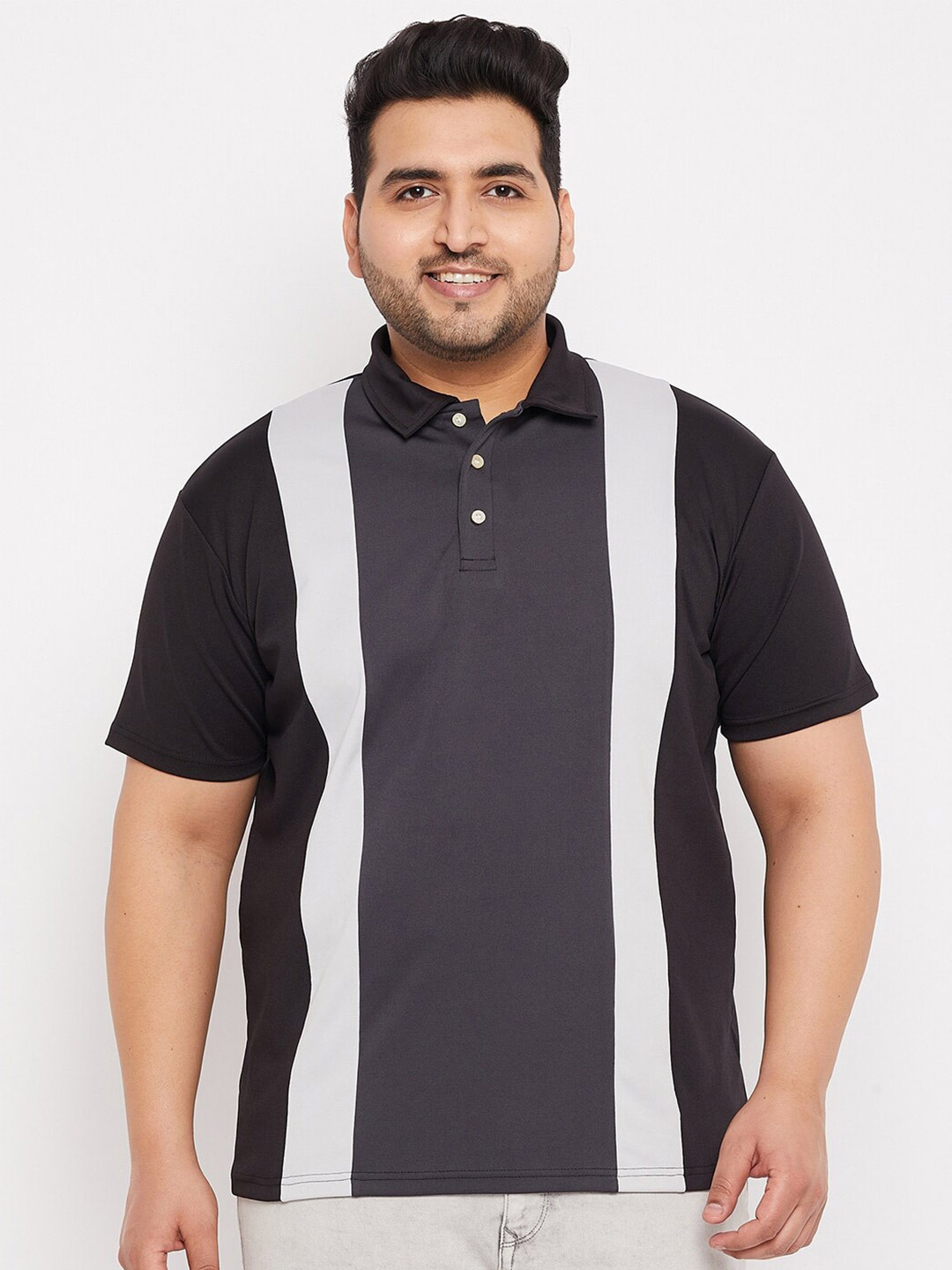 

bigbanana Plus Size Colourblocked Polo Collar Bio Finish T-shirt, Black