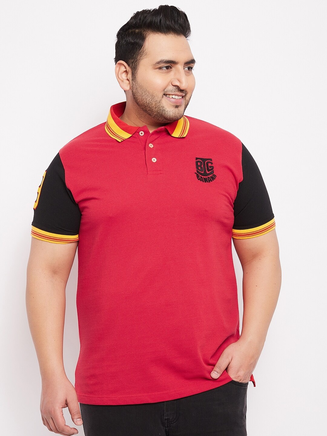 

bigbanana Plus Size Colourblocked Polo Collar Bio Finish T-shirt, Red