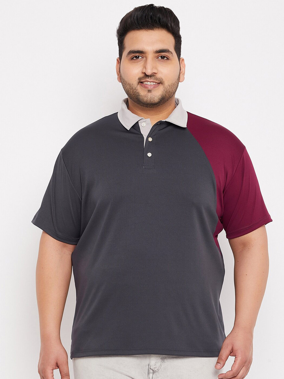

bigbanana Plus Size Colourblocked Polo Collar Bio Finish T-shirt, Grey