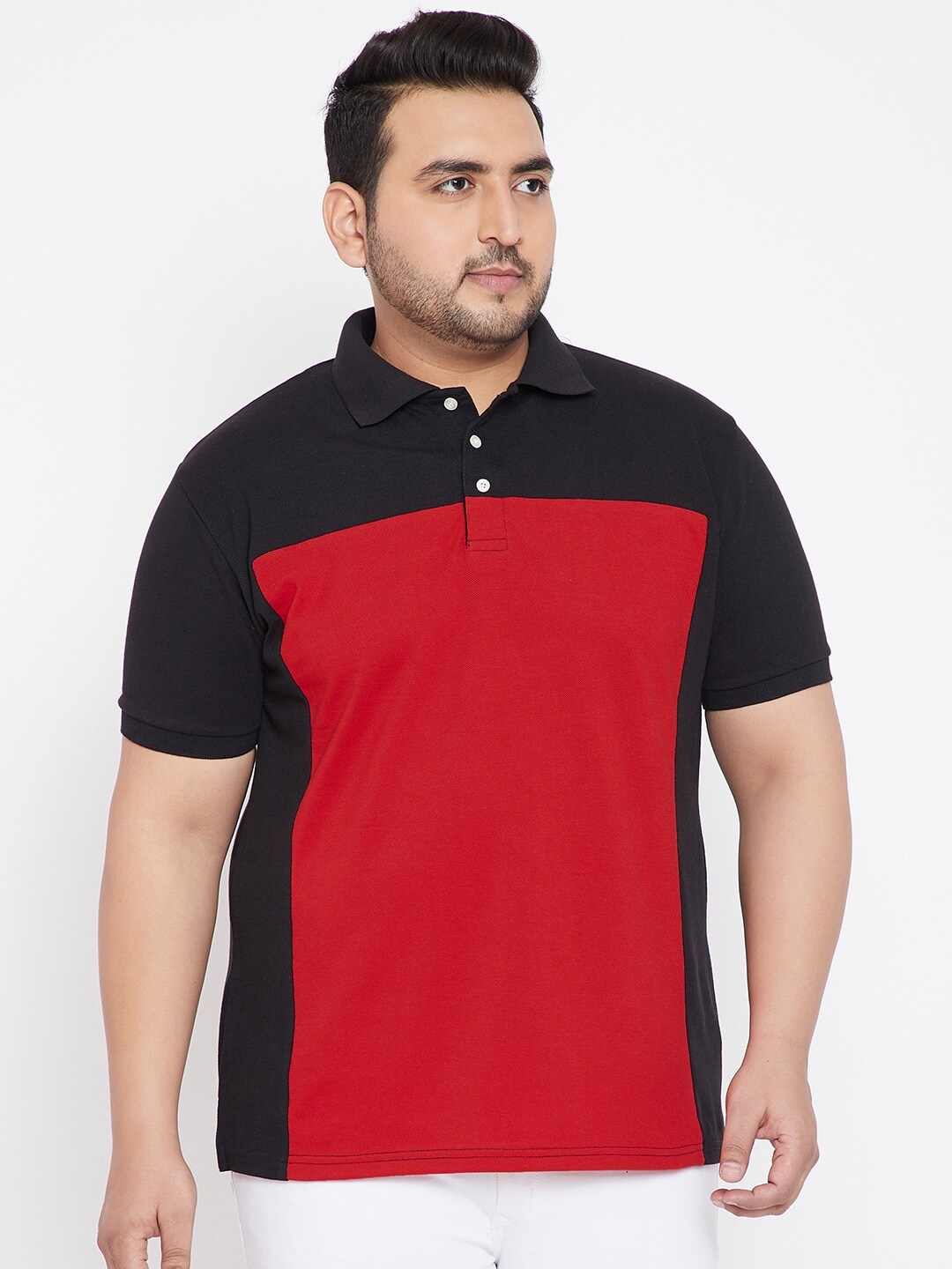 

bigbanana Plus Size Colourblocked Polo Collar Bio Finish Pure Cotton T-shirt, Black