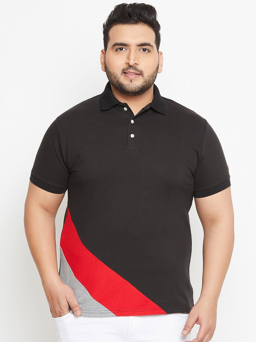 

bigbanana Plus Size Colourblocked Polo Collar Bio Finish Pure Cotton T-shirt, Black
