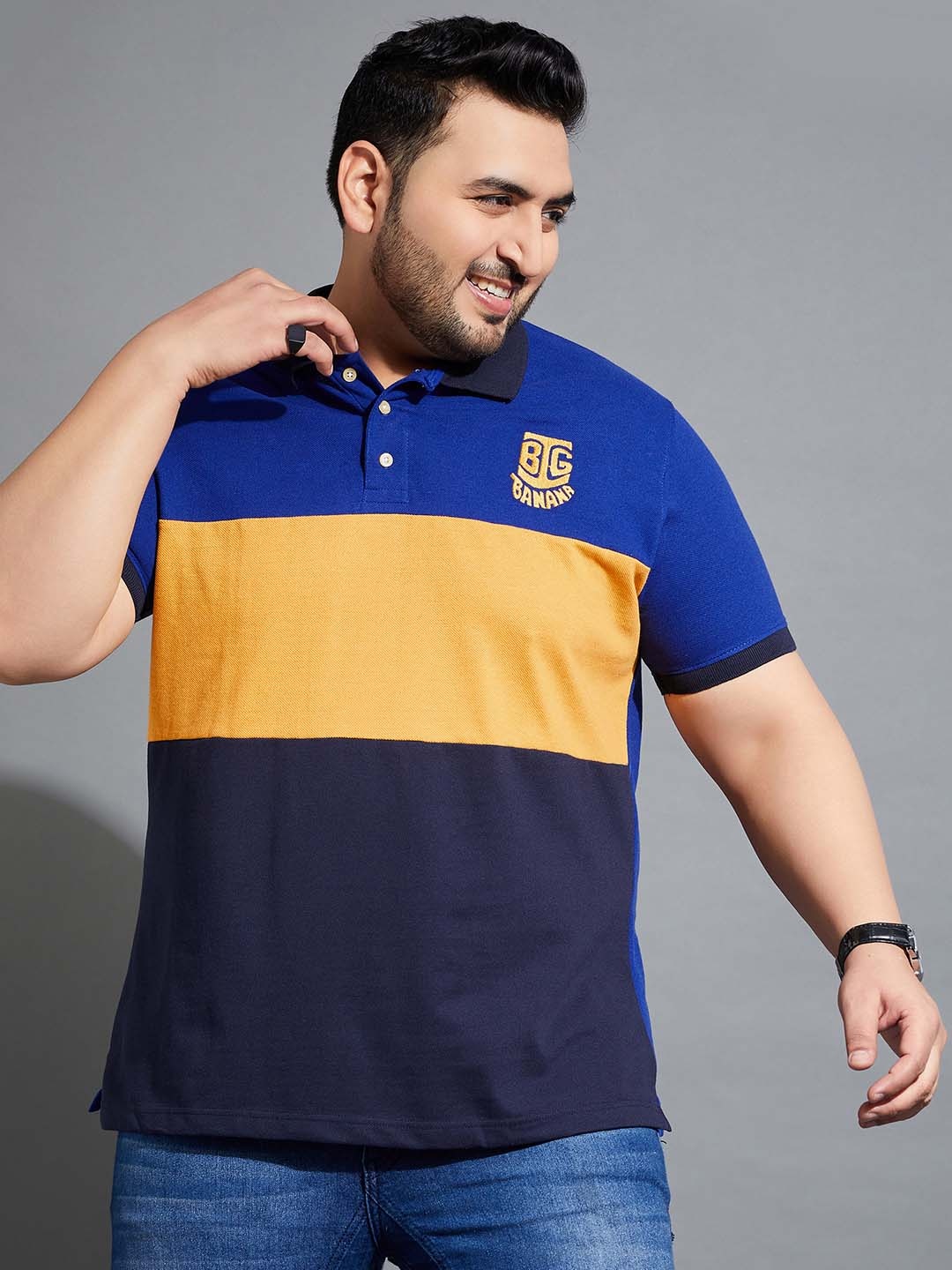 

bigbanana Plus Size Colourblocked Polo Collar Bio Finish T-shirt, Blue