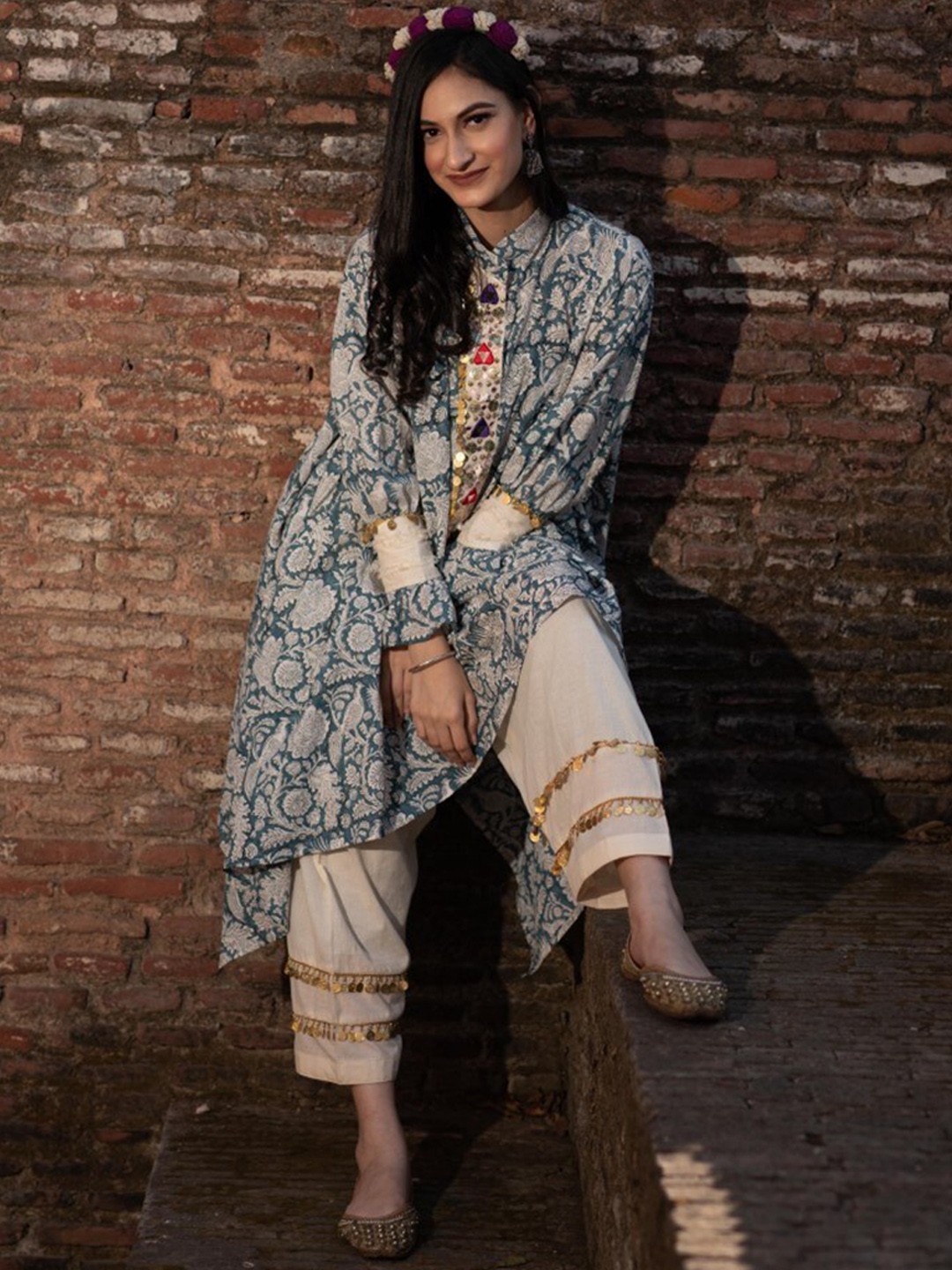 

Mani Dua Khanna Floral Printed Beads and Stones Pure Cotton Kurta with Trousers, Blue