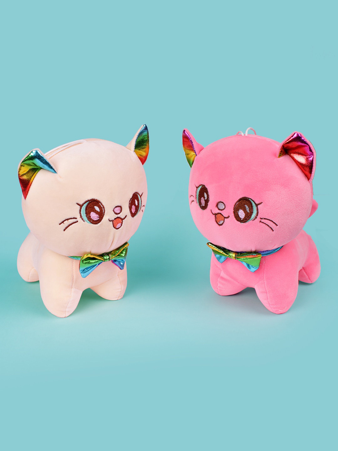 

DukieKooky Pack Of 2 Manual Operation PolyFill Cute Cats With Bow Tie Soft Toys, Pink