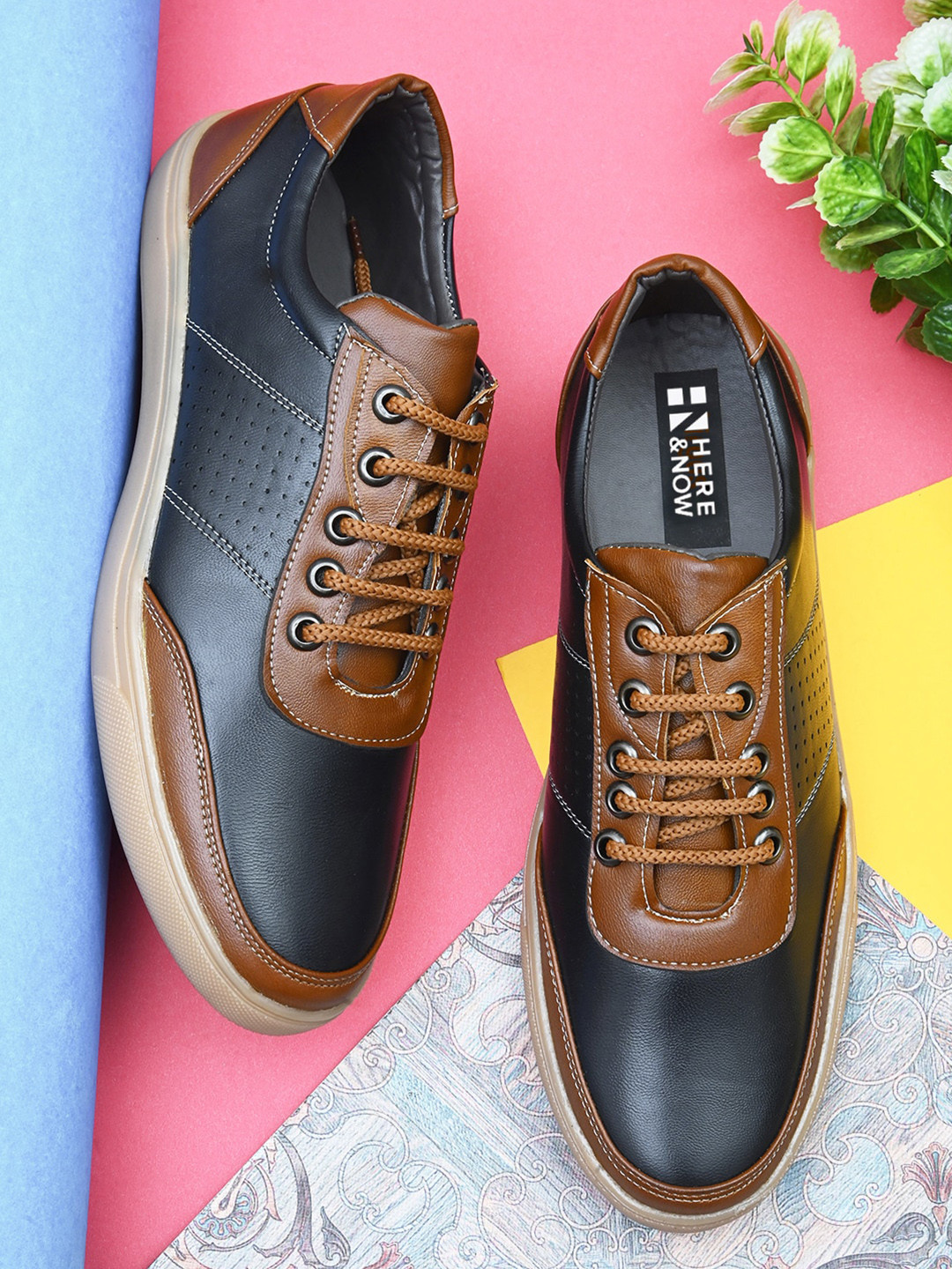 

HERE&NOW Men Colourblocked Lace-Up Synthetic Leather Sneakers, Tan