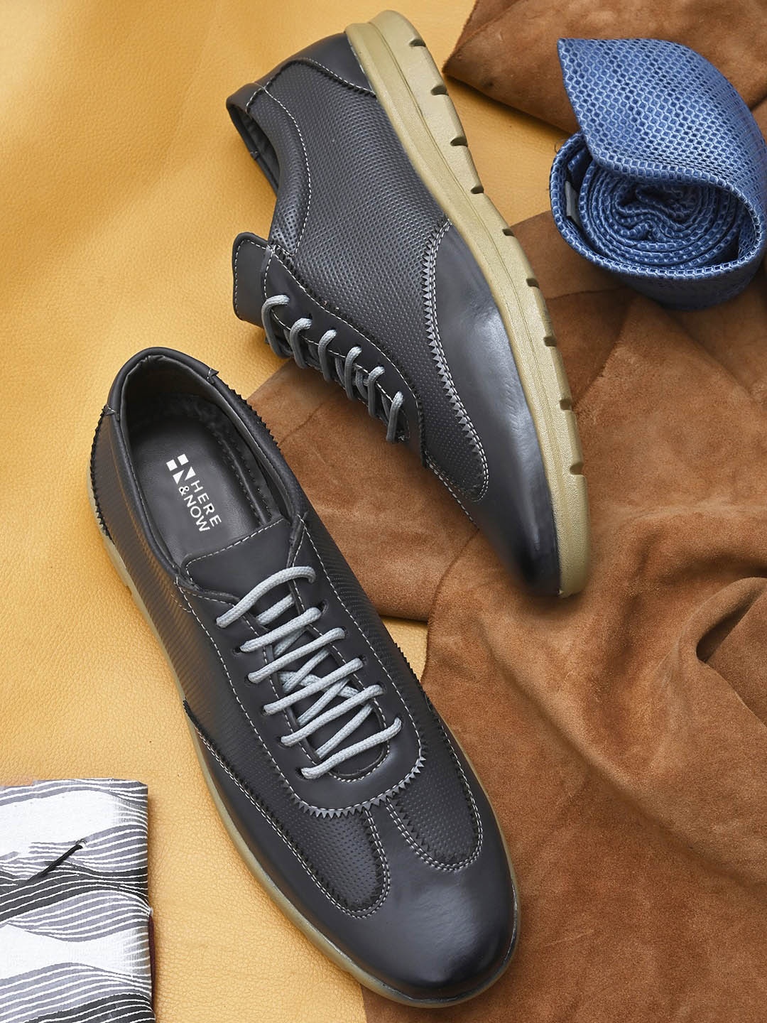 

HERE&NOW Men Perforated Lace-Up Sneakers, Grey