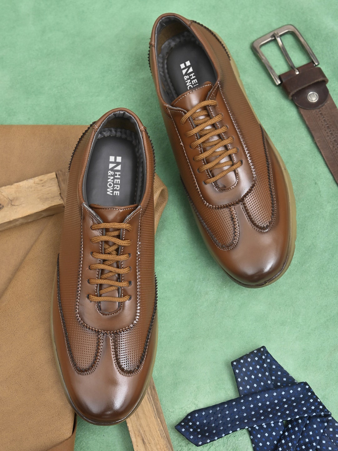 

HERE&NOW Men Textured Lace-Up Synthetic Leather Sneakers, Tan