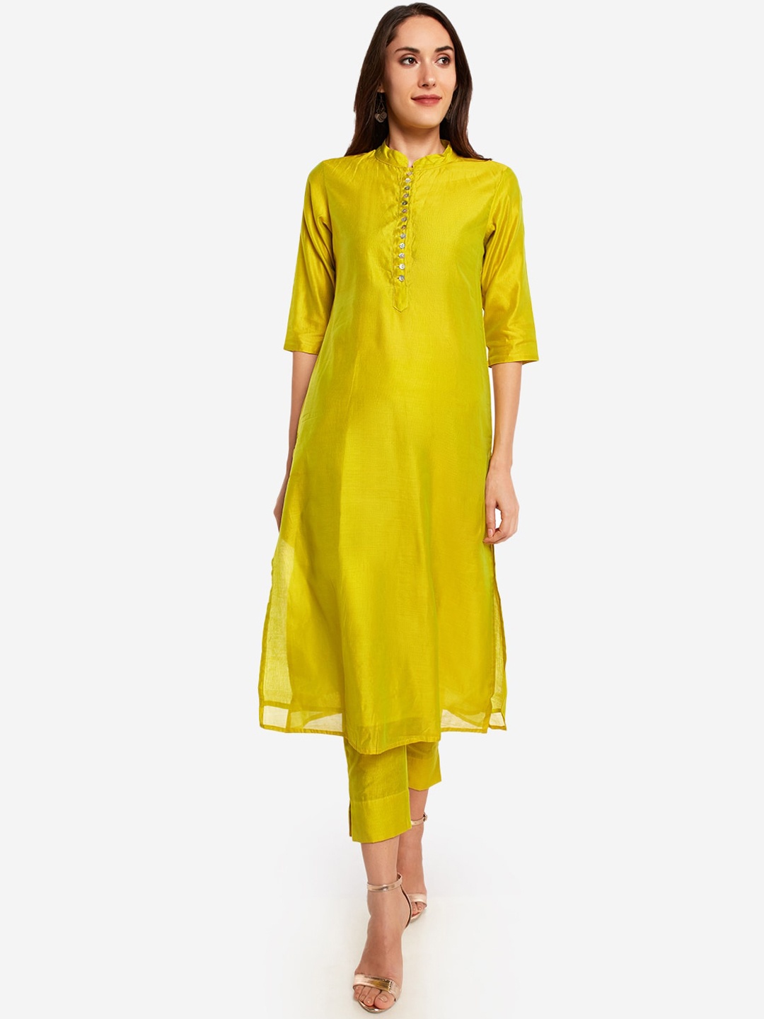 

Desi Weavess Women Mandarin Collar A-Line Kurta with Trousers, Lime green