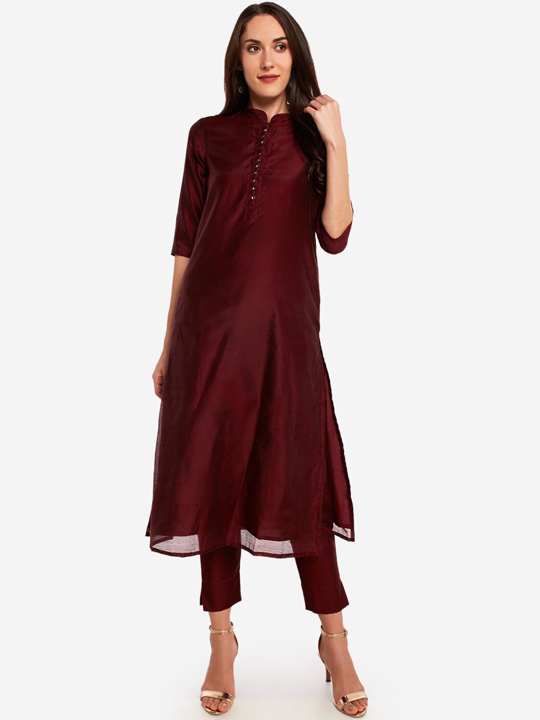 

Desi Weavess Mandarin Collar A-Line Kurta with Trousers, Maroon