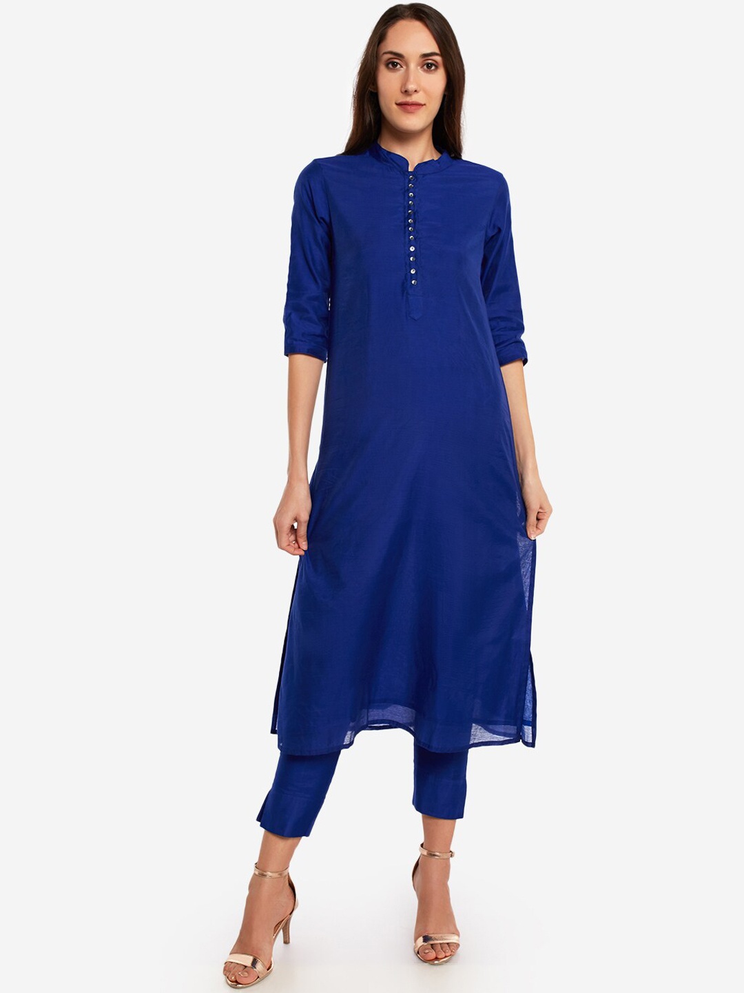 

Desi Weavess Mandarin Collar Art Silk Straight Kurta with Trousers, Blue