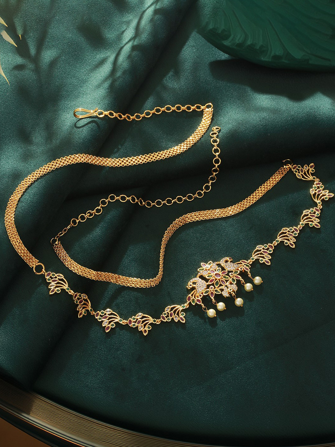 

Saraf RS Jewellery Gold-Plated Cubic Zirconia Waist Chain, Pink