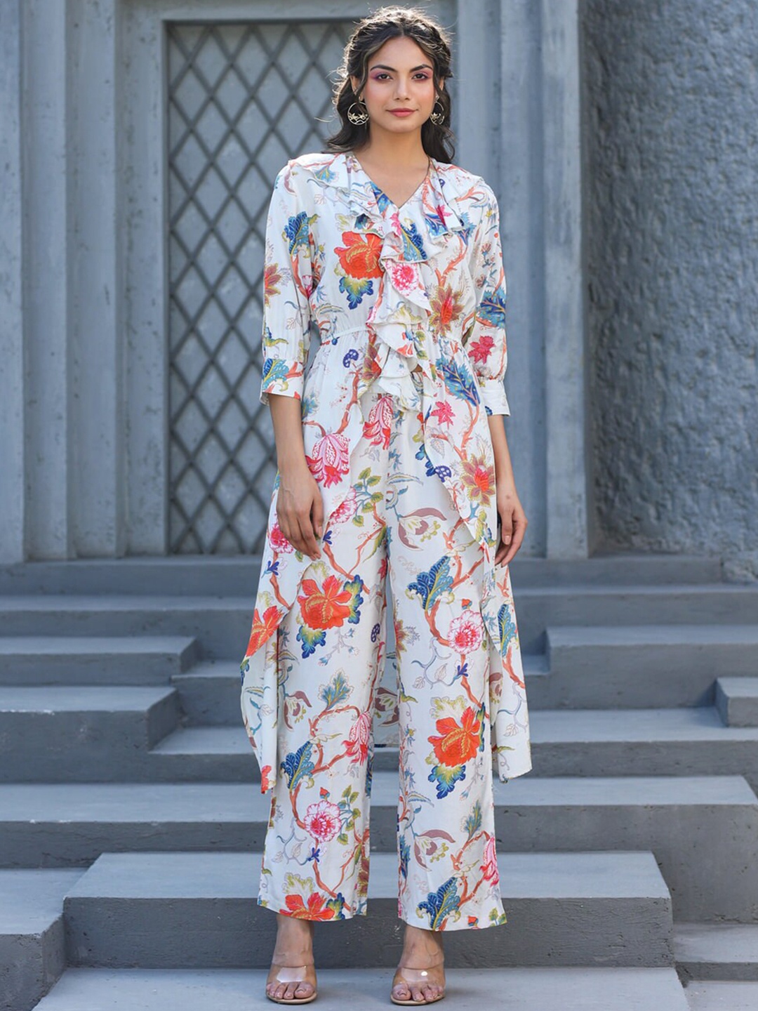 

JISORA Floral Printed Top With Trousers Co-Ords Set, White
