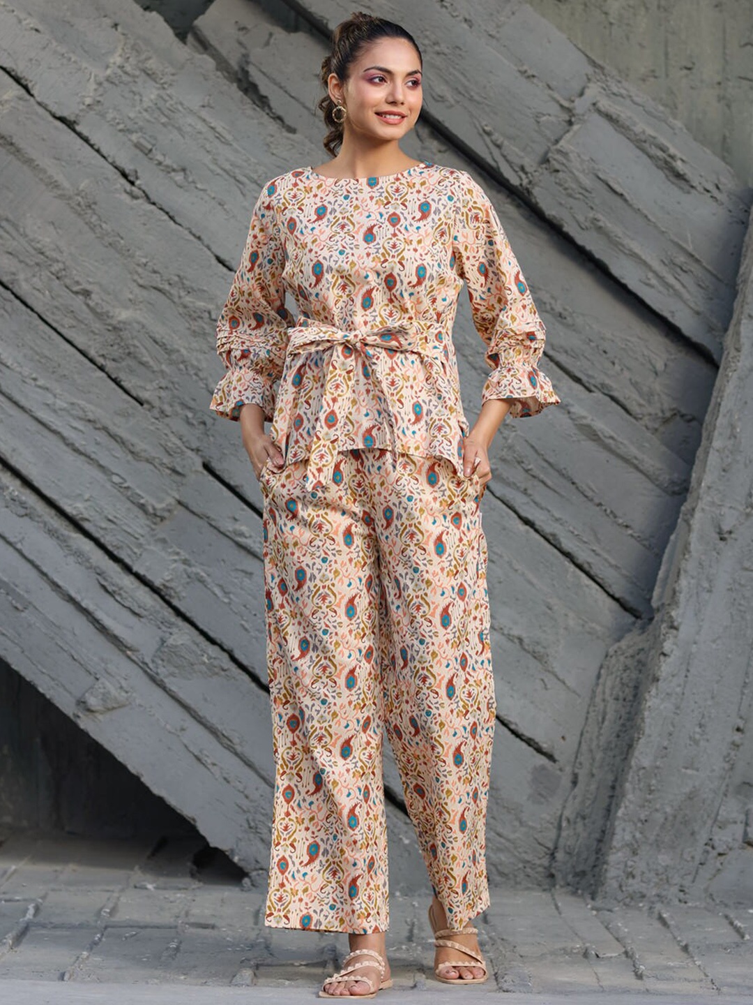 

JISORA Printed Pure Cotton Top and Palazzo Co-Ords, Cream